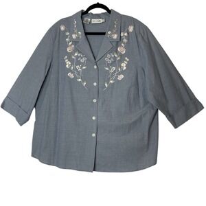 K.C. Studio Women's Shirt 24W ‎ Button Up 3/4 Sleeve Collar Embroidered Flower